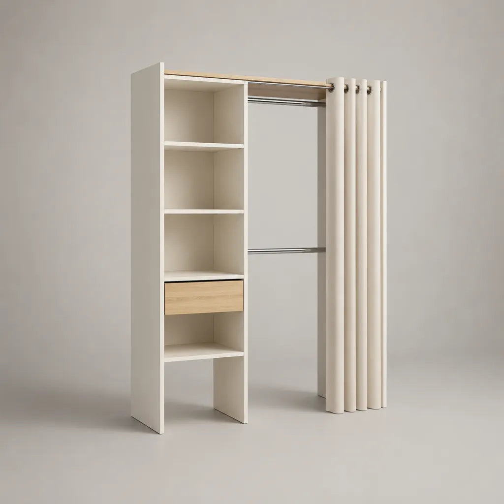 Armadio guardaroba con tenda, 5 vani, 1 cassetto e 2 barre appendiabiti in pannello melaminico, bianco crema e rovere chiaro, 120 x 50 x 180 cm