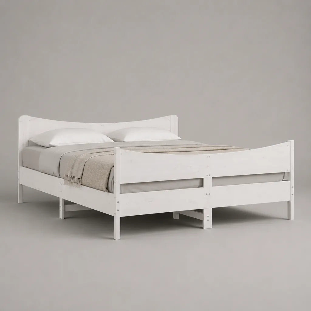 Letto matrimoniale in legno bianco 160 x 200 cm con testiera, pediera e rete a doghe, 168 x 208 x 90 cm