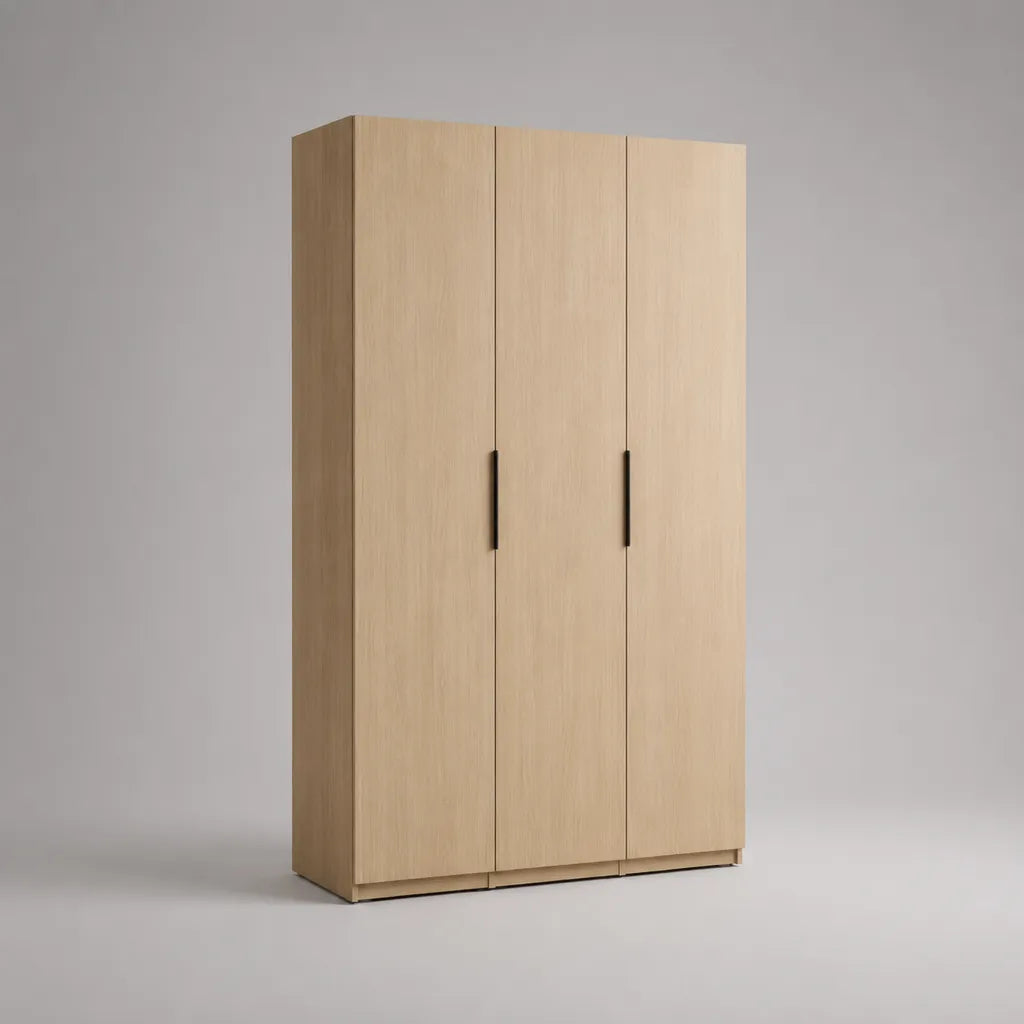 Armadio guardaroba in truciolare laminato a 3 ante, rovere chiaro con maniglie nere, 120 x 52 x 190 cm