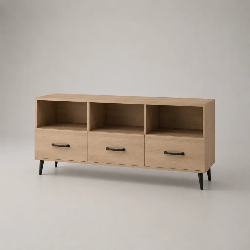 Mobile TV basso in legno con 3 cassetti e 3 vani aperti, rovere naturale e nero, 150 × 40 × 70 cm