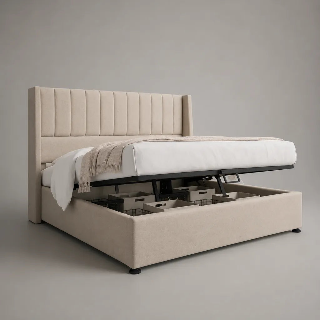 Letto matrimoniale contenitore imbottito in poliestere beige con struttura in metallo nero, 180 x 215 x 120 cm, per materasso 160 x 200 cm