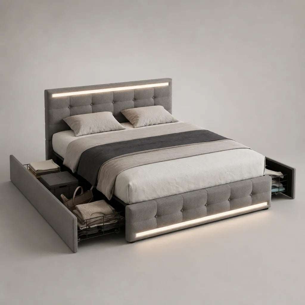 Letto contenitore matrimoniale 160 × 200 cm in tessuto grigio con 2 moduli laterali estraibili e illuminazione LED