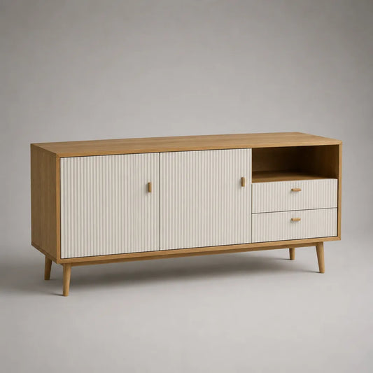 Mobile porta TV rettangolare in legno e MDF con 2 ante, 2 cassetti e vano aperto, rovere naturale, bianco e oro, 150 x 40 x 75 cm