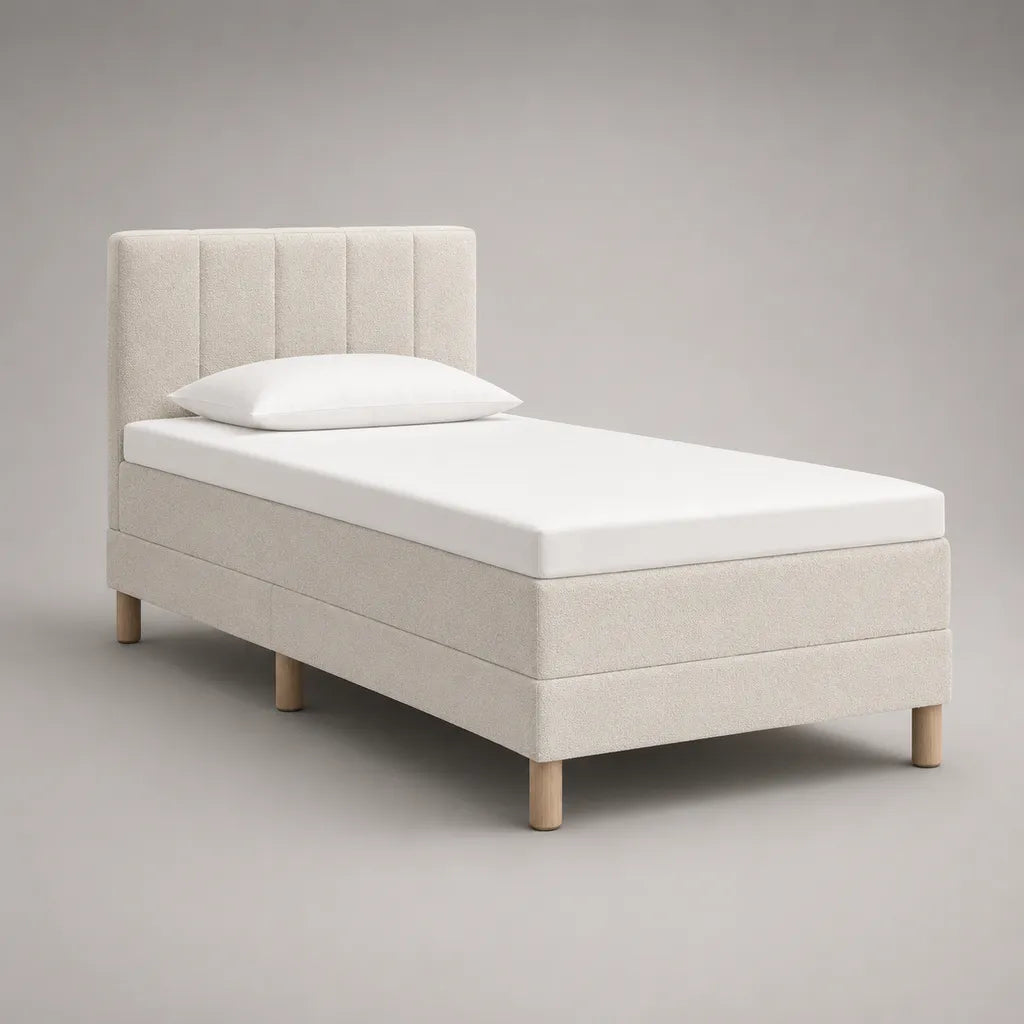 Letto singolo imbottito con materasso 90 x 200 cm, rivestimento in tessuto beige crema, 100 x 210 x 110 cm