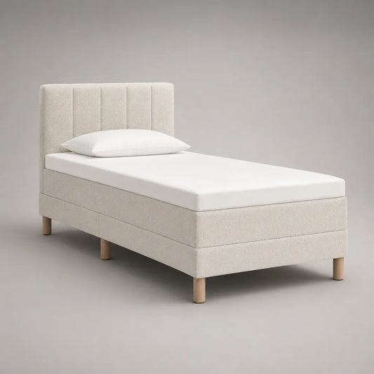 Letto singolo imbottito con materasso 90 x 200 cm, rivestimento in tessuto beige crema, 100 x 210 x 110 cm