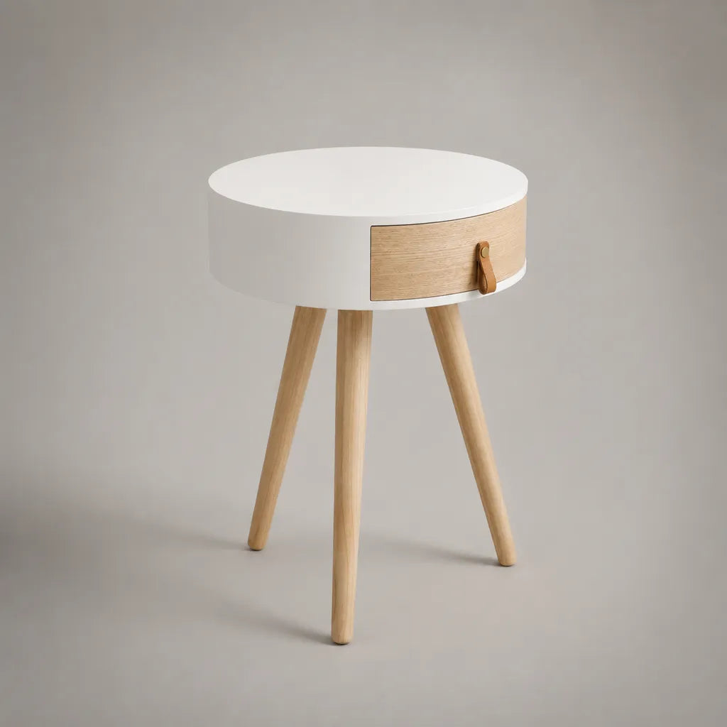 Comodino rotondo con cassetto Ø45 x 60 cm bianco e rovere in MDF e legno massello