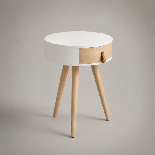 Comodino rotondo con cassetto Ø45 x 60 cm bianco e rovere in MDF e legno massello