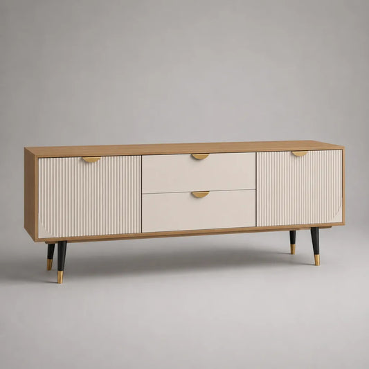 Mobile TV basso in MDF con 2 ante scanalate e 2 cassetti, beige e rovere naturale, 160 × 40 × 70 cm