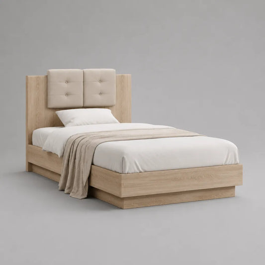 Letto rettangolare una piazza e mezza 120 × 200 cm in pannello truciolare effetto rovere chiaro con testiera imbottita beige