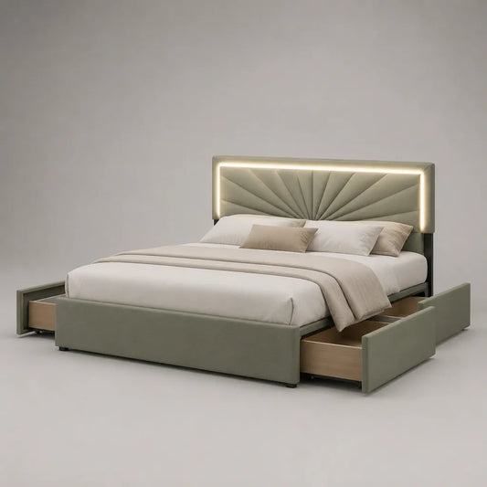 Letto matrimoniale imbottito verde salvia con testiera LED e 4 cassetti, 180 x 218 x 125 cm, rete 160 x 200 cm