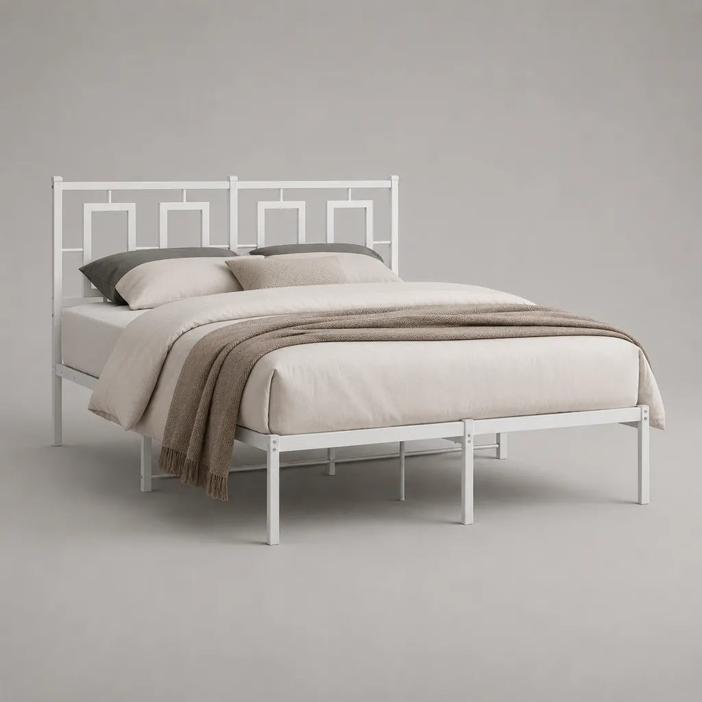 Letto matrimoniale in acciaio bianco con testiera geometrica, per materasso 160 × 200 cm, dimensioni 205 × 165 × 100 cm