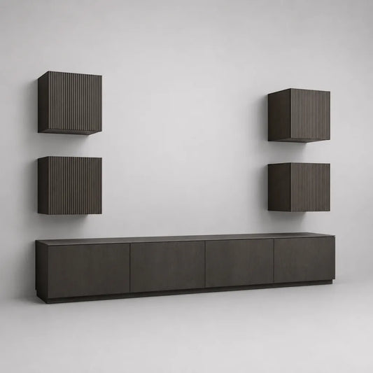 Set di mobili in MDF marrone scuro da 5 pezzi con mobile porta TV 240 × 40 × 45 cm e 4 pensili 50 × 30 × 50 cm