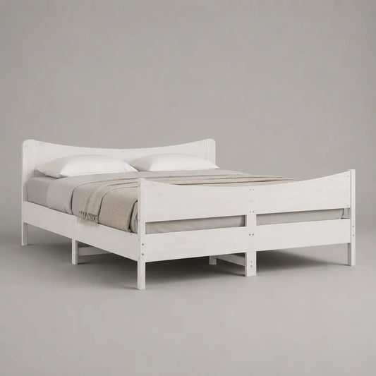 Letto matrimoniale in legno bianco 160 x 200 cm con testiera, pediera e rete a doghe, 168 x 208 x 90 cm