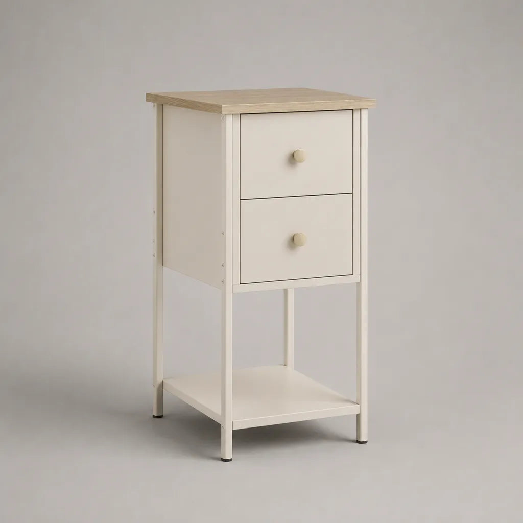 Comodino alto rettangolare in MDF e acciaio con 2 cassetti e ripiano, bianco e rovere chiaro, 40 × 35 × 75 cm