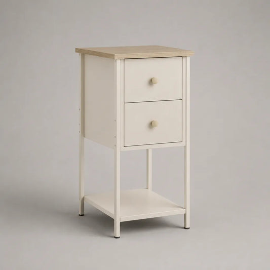 Comodino alto rettangolare in MDF e acciaio con 2 cassetti e ripiano, bianco e rovere chiaro, 40 × 35 × 75 cm