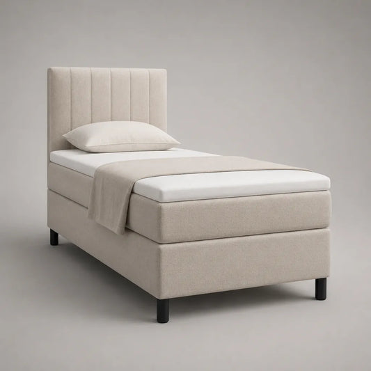 Letto singolo imbottito in tessuto beige con testiera scanalata, 100 x 210 x 120 cm, per materasso 90 x 200 cm