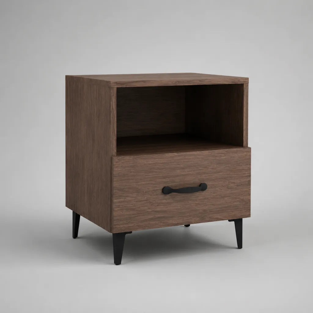 Comodino rettangolare in pannello truciolare melaminico e metallo, marrone noce e nero, con cassetto e vano aperto, 45 × 40 × 55 cm