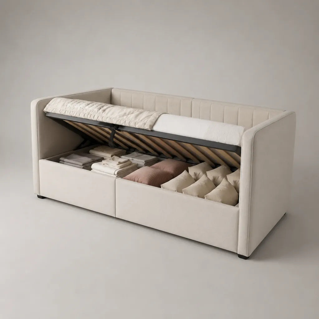 Letto contenitore singolo rettangolare in poliestere beige con rete sollevabile, materasso 90 x 200 cm, dimensioni 215 x 105 x 95 cm