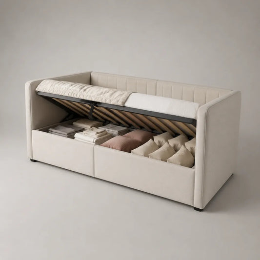 Letto contenitore singolo rettangolare in poliestere beige con rete sollevabile, materasso 90 x 200 cm, dimensioni 215 x 105 x 95 cm
