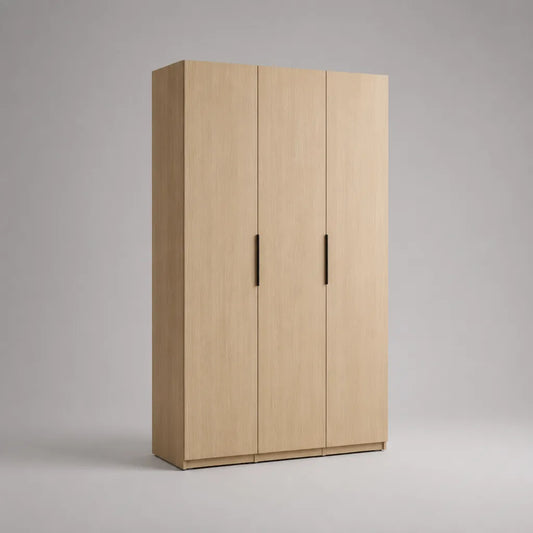 Armadio guardaroba in truciolare laminato a 3 ante, rovere chiaro con maniglie nere, 120 x 52 x 190 cm