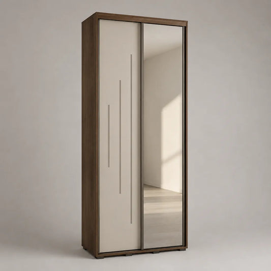 Armadio guardaroba a 2 ante scorrevoli con specchio, noce e beige, 90 × 50 × 200 cm