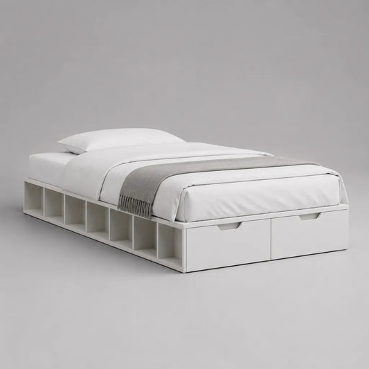 Letto contenitore una piazza e mezza 140 x 200 cm in pannello truciolare melaminico bianco, 205 x 146 x 40 cm, con 2 cassetti e 6 vani laterali