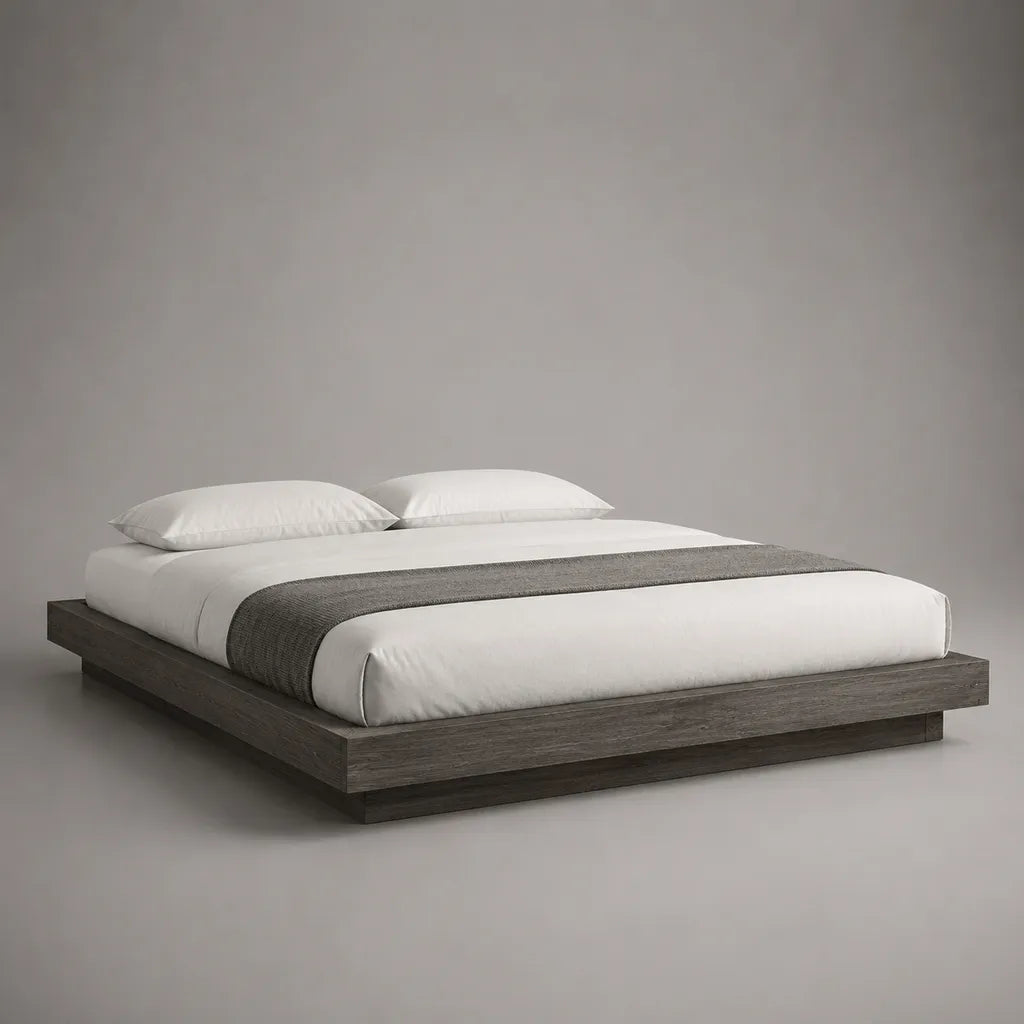 Letto matrimoniale a piattaforma senza testiera in MDF melaminico effetto rovere grigio scuro, 160 × 200 cm, dimensioni esterne 216 × 176 × 25 cm