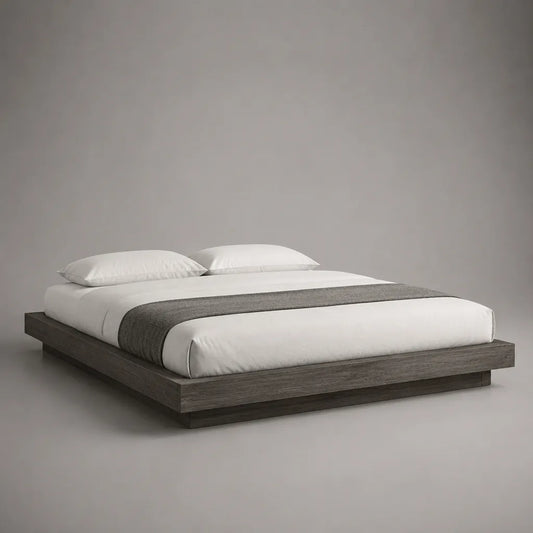 Letto matrimoniale a piattaforma senza testiera in MDF melaminico effetto rovere grigio scuro, 160 × 200 cm, dimensioni esterne 216 × 176 × 25 cm