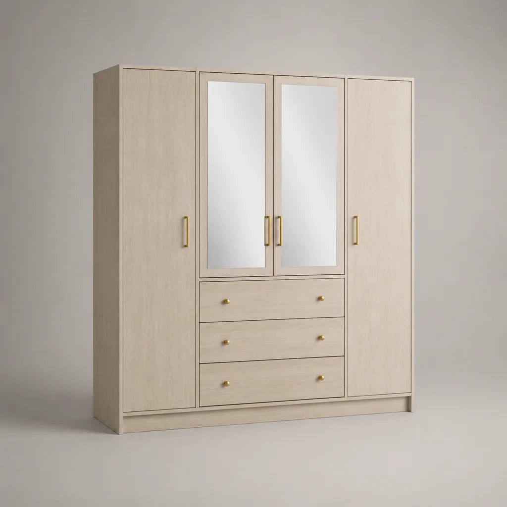 Armadio guardaroba a 4 ante con 2 specchi e 3 cassetti in pannello truciolare melaminico, rovere beige, 180 × 52 × 200 cm