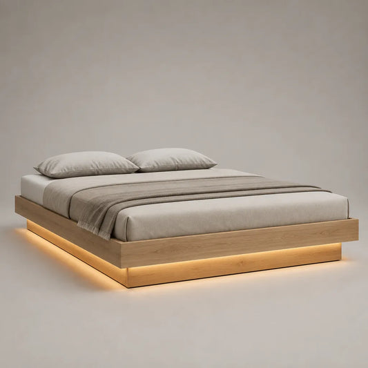 Letto matrimoniale rettangolare in MDF impiallacciato rovere naturale con illuminazione LED, 160 × 200 cm