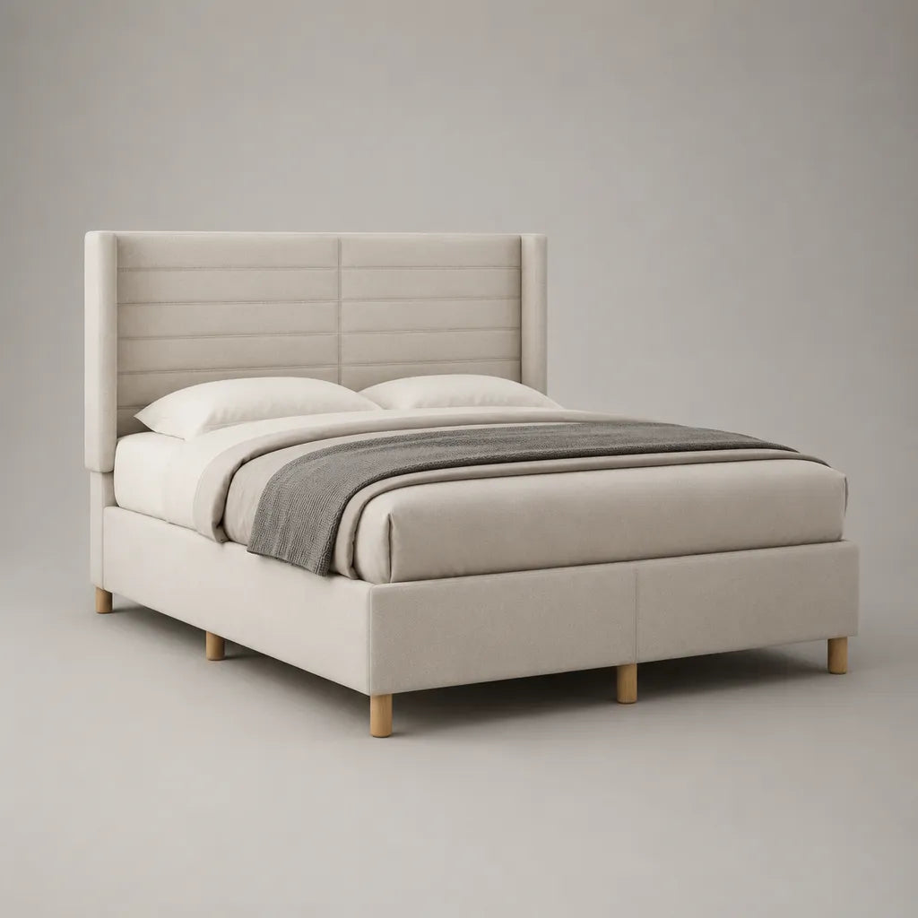 Letto matrimoniale imbottito 160 x 200 cm in tessuto beige con testiera alta e rete a doghe
