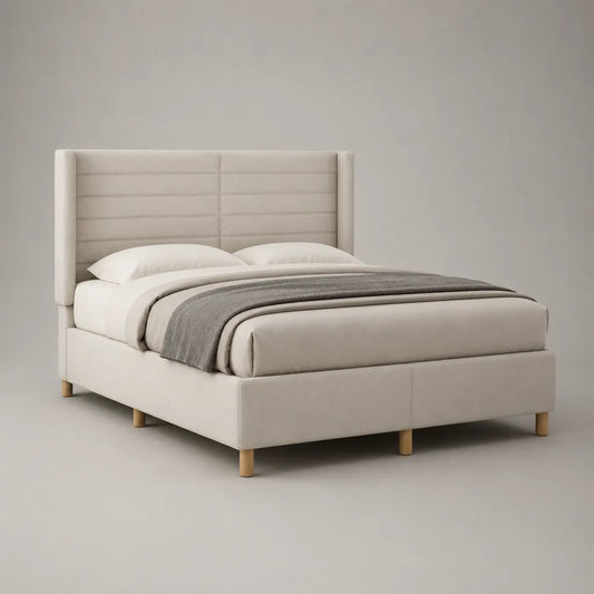Letto matrimoniale imbottito 160 x 200 cm in tessuto beige con testiera alta e rete a doghe