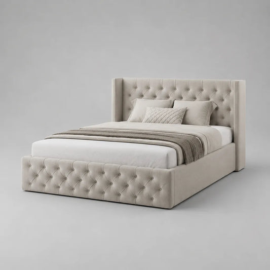 Letto contenitore matrimoniale imbottito in velluto beige, 220 x 190 x 130 cm, rete sollevabile per materasso 160 x 200 cm