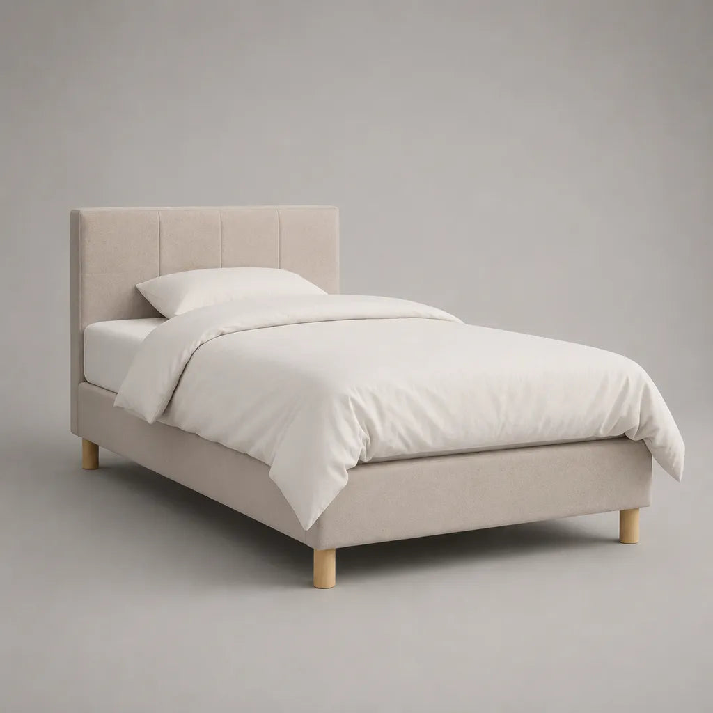 Letto singolo imbottito in tessuto beige, 105 x 215 x 105 cm, per materasso 90 x 200 cm