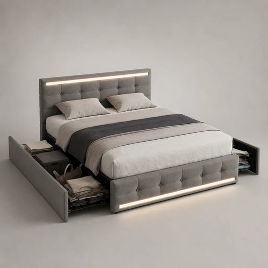 Letto contenitore matrimoniale 160 × 200 cm in tessuto grigio con 2 moduli laterali estraibili e illuminazione LED
