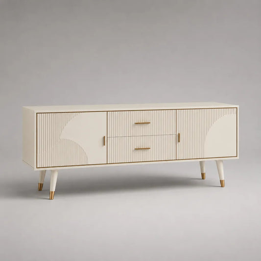 Mobile TV rettangolare in MDF e acciaio, avorio e oro, con 2 ante e 2 cassetti, 160 × 40 × 75 cm