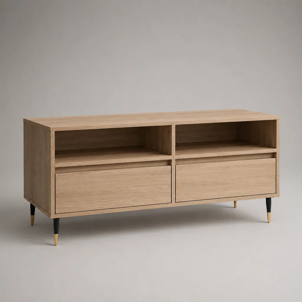 Mobile TV rettangolare in legno con 2 cassetti e 2 vani aperti, rovere naturale, nero e oro, 120 x 40 x 65 cm