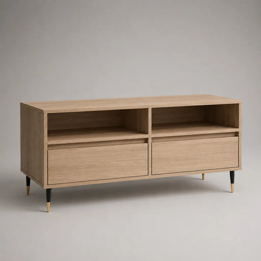 Mobile TV rettangolare in legno con 2 cassetti e 2 vani aperti, rovere naturale, nero e oro, 120 x 40 x 65 cm